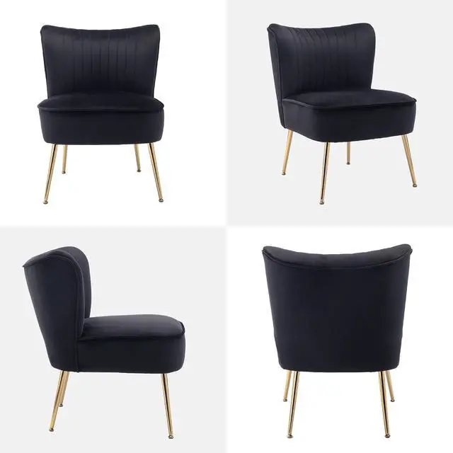 Alt view image 7 of 7 - Modern Velvet Upholstered Accent Chair Set of 2,Mid Century Living Room Chairs with Golden Legs,Comfy Armless Chair Wingback Single Sofa Side Chair for Bedroom,Black
