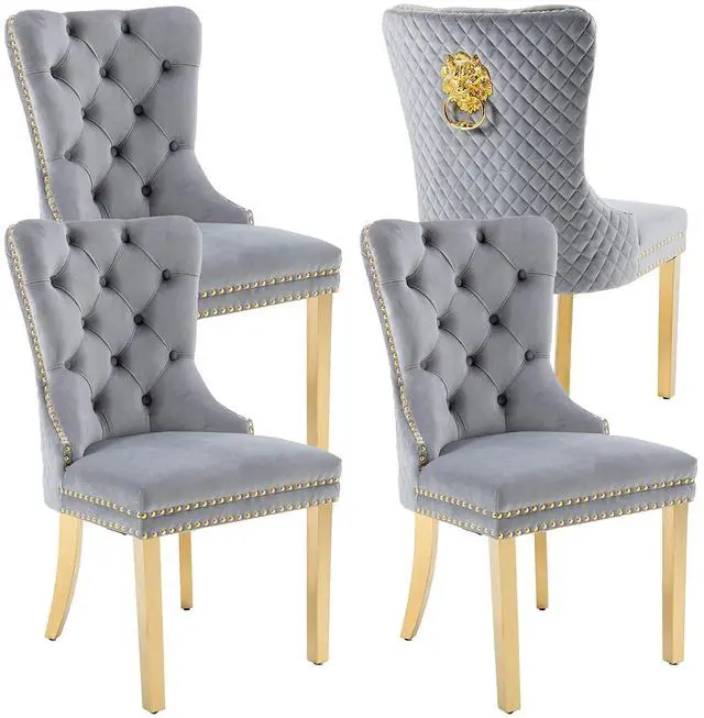 Main image of Velvet Upholstered Dining Chairs Set of 4, Modern Button Tufted Chairs with Lion Head Pull Ring and Stainless Steel Legs for Living Room Kitchen, Light Gray
