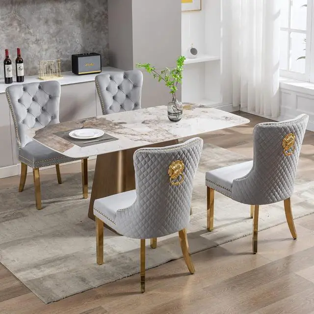 Alt view image 2 of 7 - Velvet Upholstered Dining Chairs Set of 4, Modern Button Tufted Chairs with Lion Head Pull Ring and Stainless Steel Legs for Living Room Kitchen, Light Gray