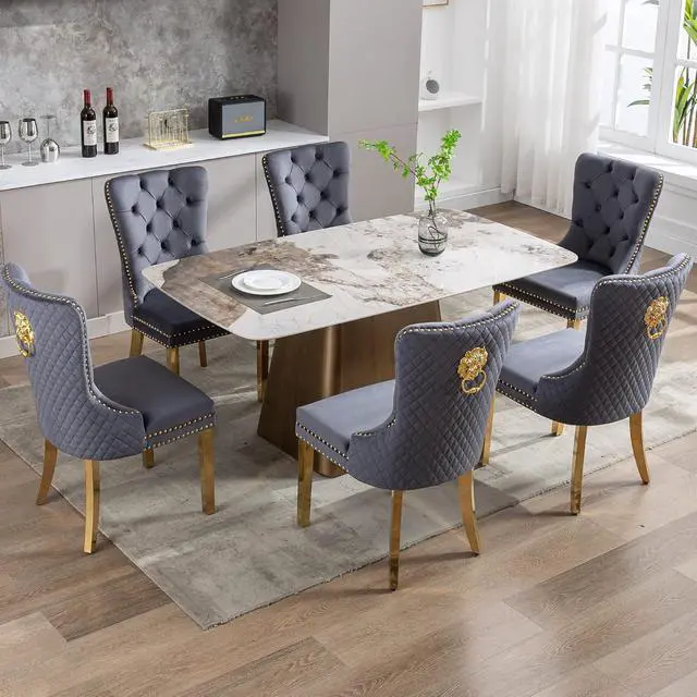 Alt view image 2 of 7 - Velvet Upholstered Dining Chairs Set of 6, Modern Button Tufted Chairs with Lion Head Pull Ring and Stainless Steel Legs for Living Room Kitchen, Dark Gray