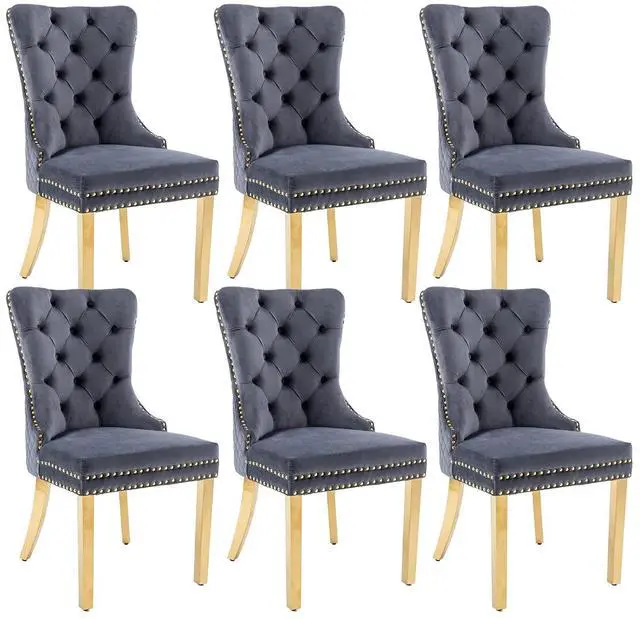 Main image of Velvet Upholstered Dining Chairs Set of 6, Modern Button Tufted Chairs with Lion Head Pull Ring and Stainless Steel Legs for Living Room Kitchen, Dark Gray