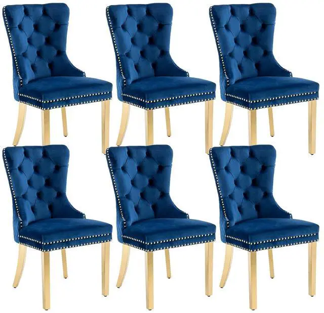 Main image of Velvet Upholstered Dining Chairs Set of 6, Modern Button Tufted Chairs with Lion Head Pull Ring and Stainless Steel Legs for Living Room Kitchen, Blue