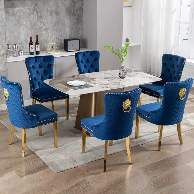 Alt view image 2 of 7 - Velvet Upholstered Dining Chairs Set of 6, Modern Button Tufted Chairs with Lion Head Pull Ring and Stainless Steel Legs for Living Room Kitchen, Blue