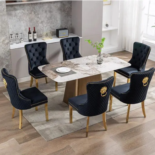 Alt view image 2 of 7 - Velvet Upholstered Dining Chairs Set of 6, Modern Button Tufted Chairs with Lion Head Pull Ring and Stainless Steel Legs for Living Room Kitchen, Black