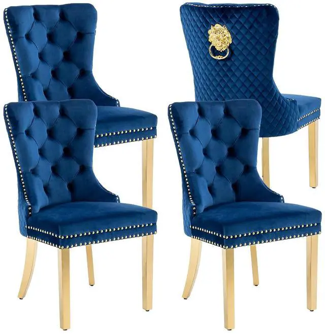 Main image of Velvet Upholstered Dining Chairs Set of 4, Modern Button Tufted Chairs with Lion Head Pull Ring and Stainless Steel Legs for Living Room Kitchen, Blue