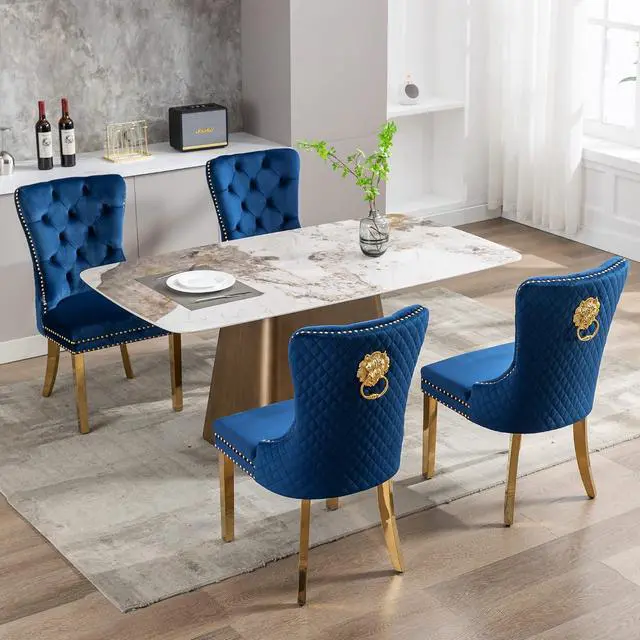 Alt view image 2 of 7 - Velvet Upholstered Dining Chairs Set of 4, Modern Button Tufted Chairs with Lion Head Pull Ring and Stainless Steel Legs for Living Room Kitchen, Blue