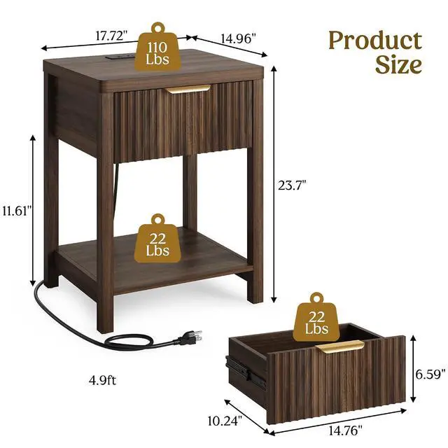 Alt view image 2 of 7 - Night Stand Set 2, Fluted Nightstand with Charging Station, Wood Modern Bedside End Table with Storage Drawer for Bedroom, Save Space (Set of 2, Walnut)