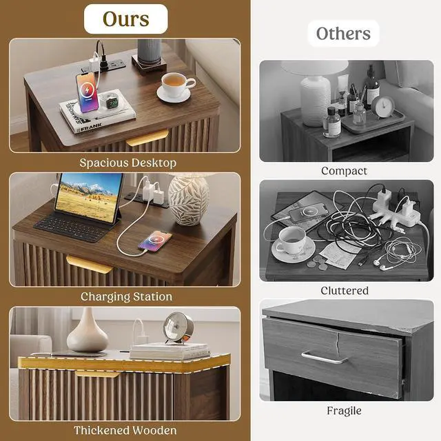 Alt view image 6 of 7 - Night Stand Set 2, Fluted Nightstand with Charging Station, Wood Modern Bedside End Table with Storage Drawer for Bedroom, Save Space (Set of 2, Walnut)
