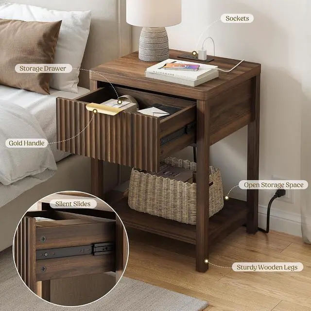 Alt view image 3 of 7 - Night Stand Set 2, Fluted Nightstand with Charging Station, Wood Modern Bedside End Table with Storage Drawer for Bedroom, Save Space (Set of 2, Walnut)