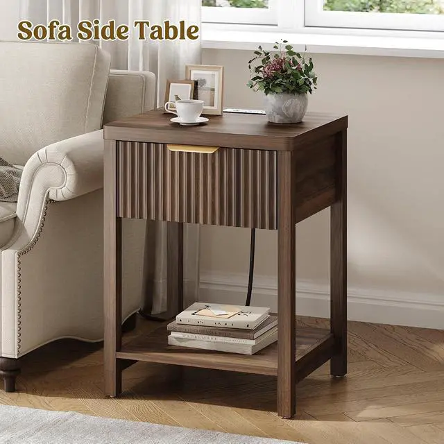 Alt view image 5 of 7 - Night Stand Set 2, Fluted Nightstand with Charging Station, Wood Modern Bedside End Table with Storage Drawer for Bedroom, Save Space (Set of 2, Walnut)