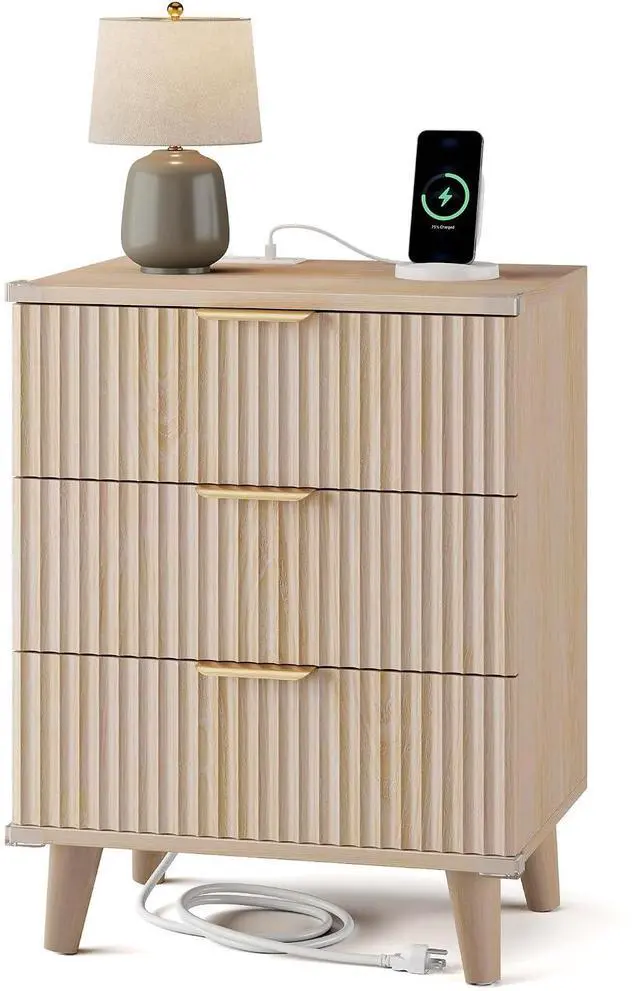 Main image of Wood Nightstand with Charging Station, 3 Drawers Fluted Design, Modern End Table for Bedroom Natural Oak