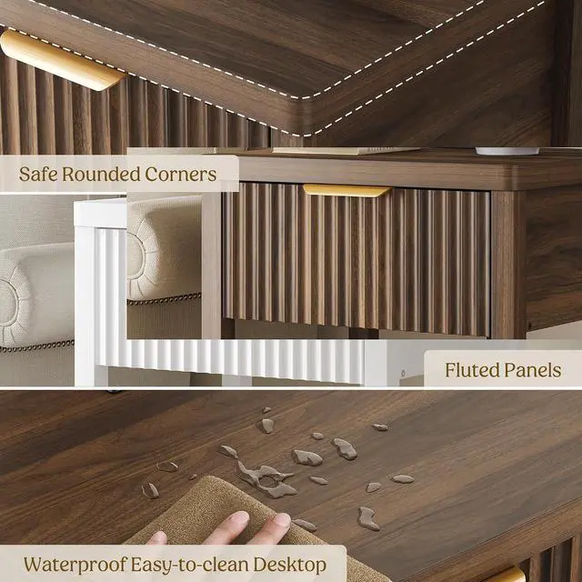Alt view image 7 of 7 - Night Stand Set 2, Fluted Nightstand with Charging Station, Wood Modern Bedside End Table with Storage Drawer for Bedroom, Save Space (Set of 2, Walnut)
