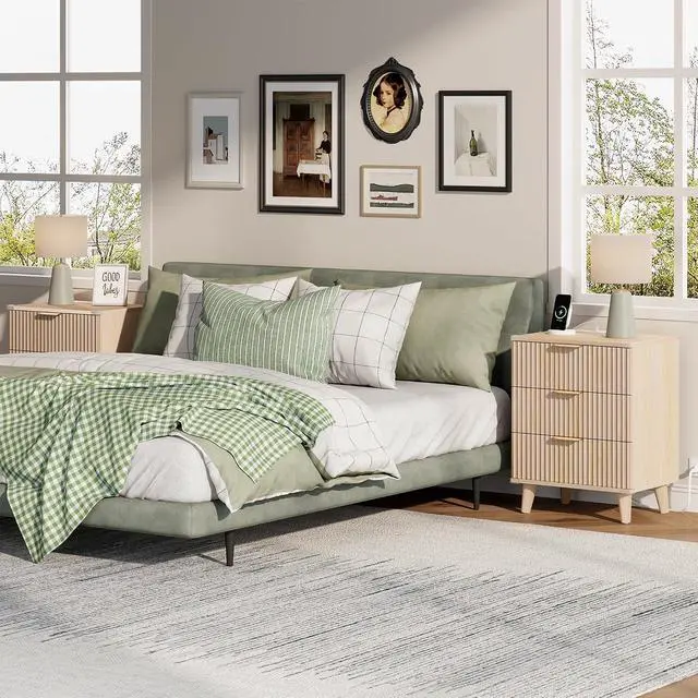Alt view image 4 of 7 - Wood Nightstand with Charging Station, 3 Drawers Fluted Design, Modern End Table for Bedroom Natural Oak