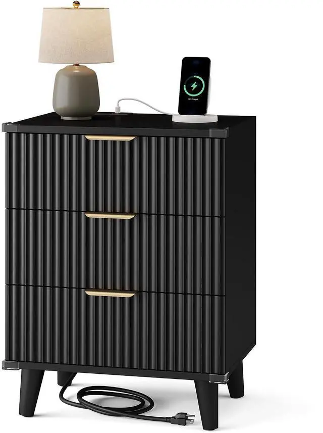 Main image of Wood Nightstand with Charging Station, 3 Drawers Fluted Design, Modern End Table for Bedroom Black