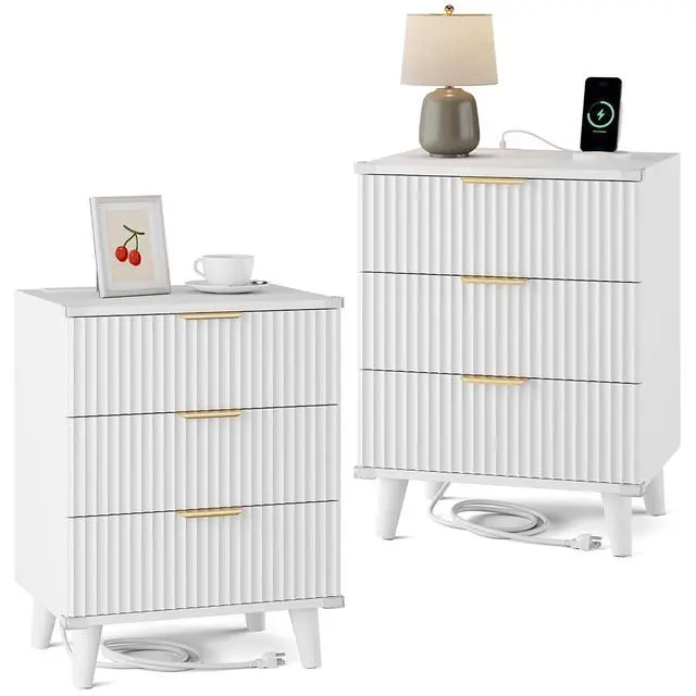 Main image of Wood Nightstand Set of 2 with Charging Station, 3 Drawers Fluted Design, Modern End Table for Bedroom White