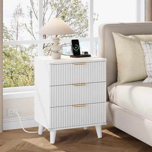 Alt view image 2 of 7 - Wood Nightstand Set of 2 with Charging Station, 3 Drawers Fluted Design, Modern End Table for Bedroom White