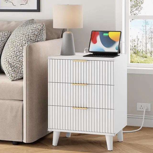 Alt view image 4 of 7 - Wood Nightstand Set of 2 with Charging Station, 3 Drawers Fluted Design, Modern End Table for Bedroom White