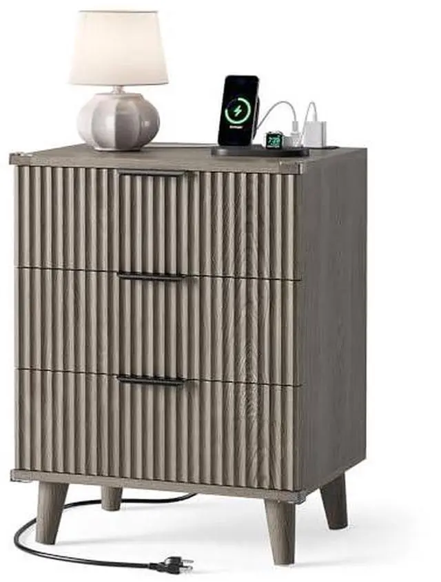 Main image of Wood Nightstand with Charging Station, 3 Drawers Fluted Design, Modern End Table for Bedroom Dark Grey