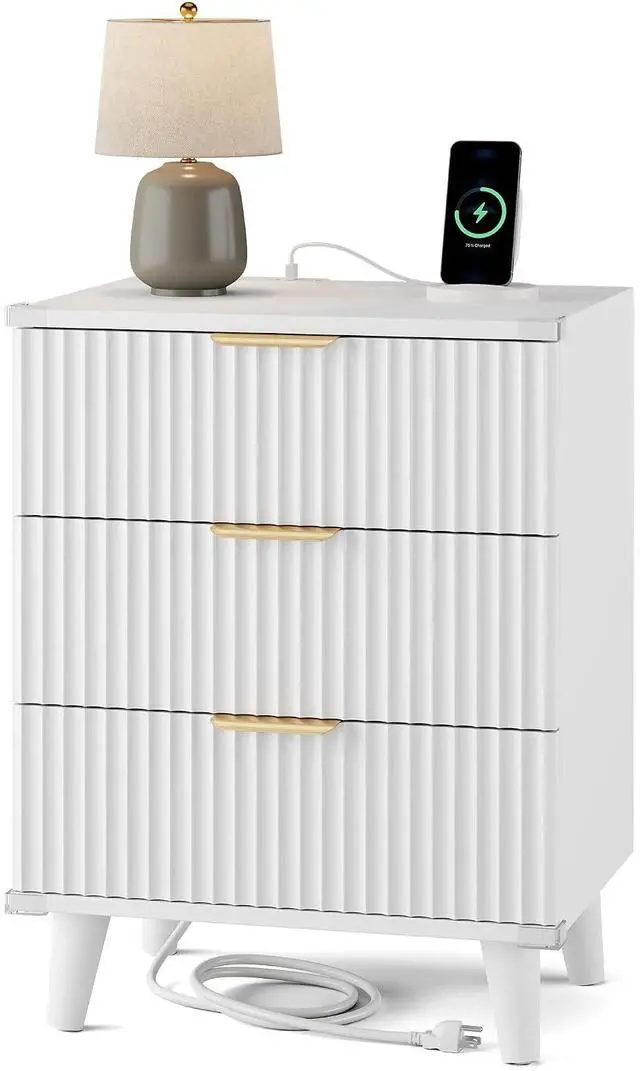 Main image of Wood Nightstand with Charging Station, 3 Drawers Fluted Design, Modern End Table for Bedroom White