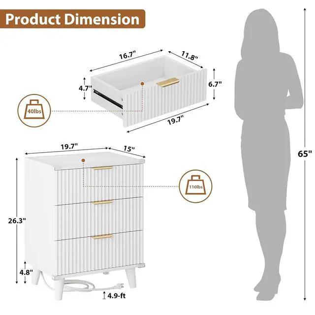 Alt view image 3 of 7 - Wood Nightstand with Charging Station, 3 Drawers Fluted Design, Modern End Table for Bedroom White