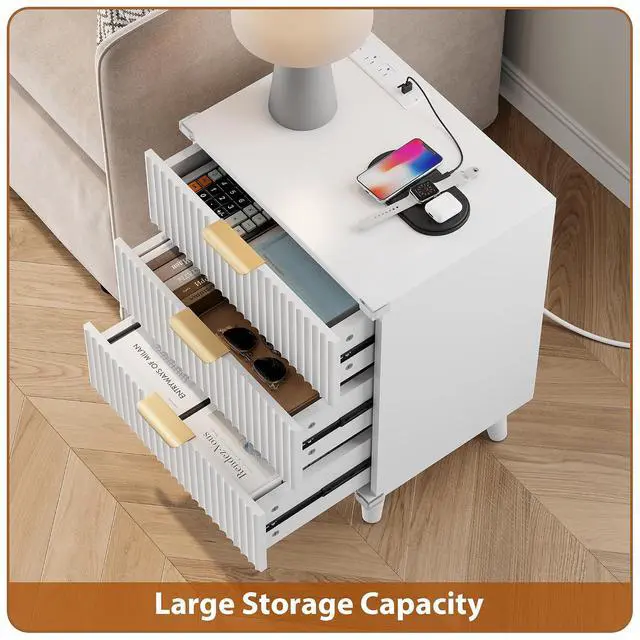 Alt view image 5 of 7 - Wood Nightstand with Charging Station, 3 Drawers Fluted Design, Modern End Table for Bedroom White