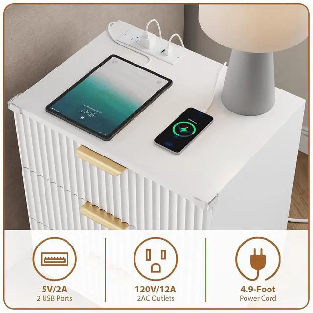 Alt view image 6 of 7 - Wood Nightstand with Charging Station, 3 Drawers Fluted Design, Modern End Table for Bedroom White