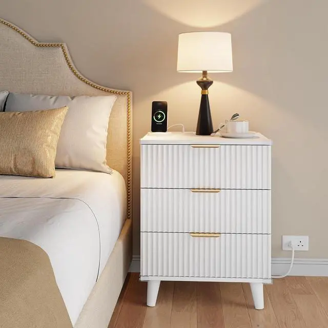Alt view image 2 of 7 - Wood Nightstand with Charging Station, 3 Drawers Fluted Design, Modern End Table for Bedroom White