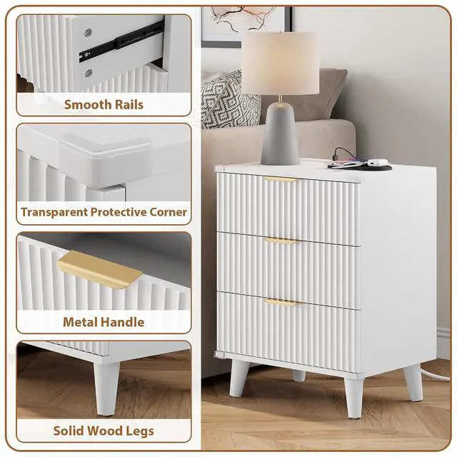 Alt view image 7 of 7 - Wood Nightstand with Charging Station, 3 Drawers Fluted Design, Modern End Table for Bedroom White