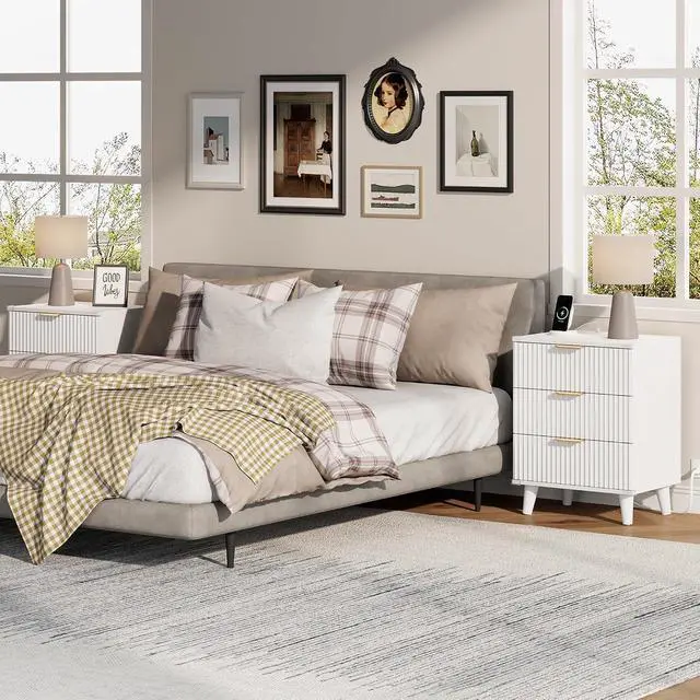 Alt view image 4 of 7 - Wood Nightstand with Charging Station, 3 Drawers Fluted Design, Modern End Table for Bedroom White