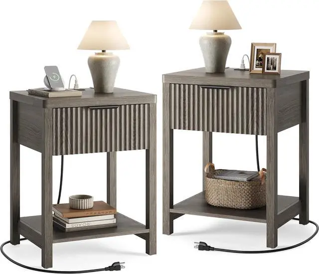 Main image of 2-Pack Fluted Nightstands with Charging Station, Modern Wood Bedside Tables with Storage Drawer for Bedroom, Space-Saving End Tables Dark Grey Oak