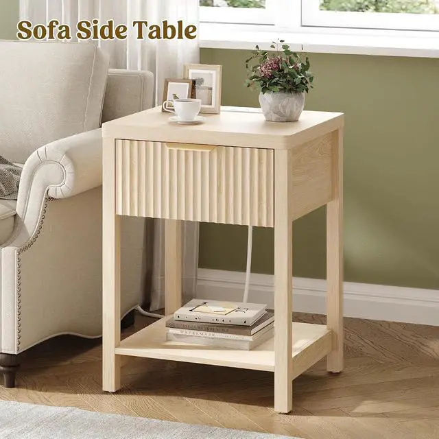Alt view image 2 of 7 - Fluted Night Stand with Drawers, Fluted Nightstand with Charging Station, Wood Modern Bedside End Table with Storage Drawer for Bedroom, Save Space (Set of 1, Natural Oak)