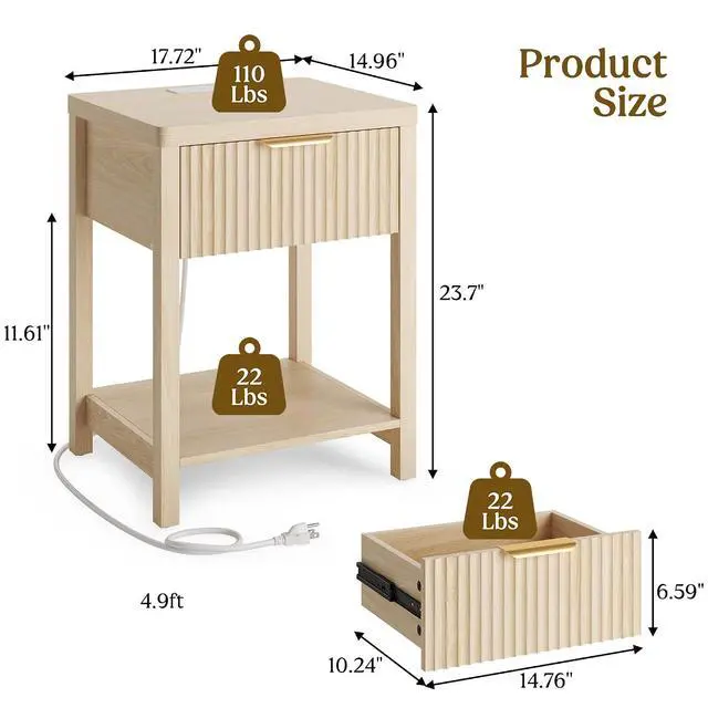Alt view image 3 of 7 - Fluted Night Stand with Drawers, Fluted Nightstand with Charging Station, Wood Modern Bedside End Table with Storage Drawer for Bedroom, Save Space (Set of 1, Natural Oak)