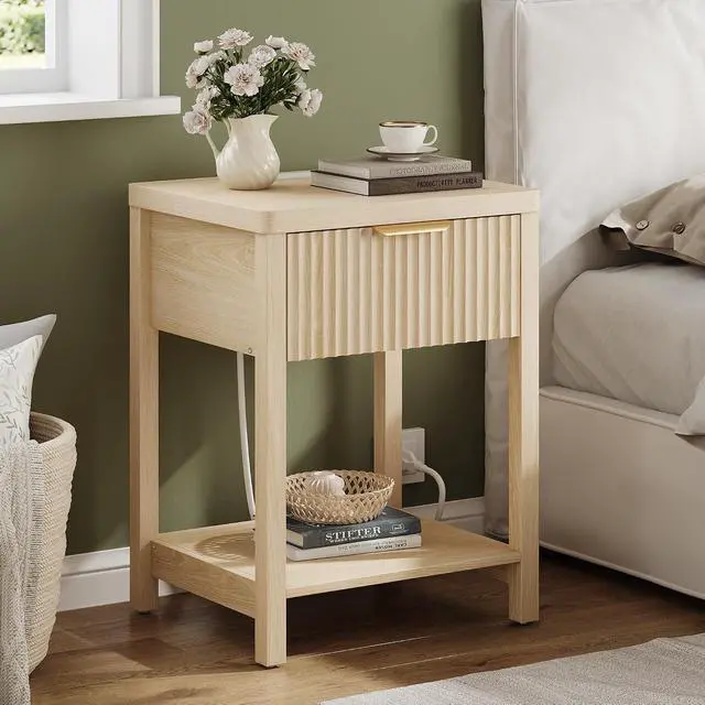 Alt view image 4 of 7 - Fluted Night Stand with Drawers, Fluted Nightstand with Charging Station, Wood Modern Bedside End Table with Storage Drawer for Bedroom, Save Space (Set of 1, Natural Oak)