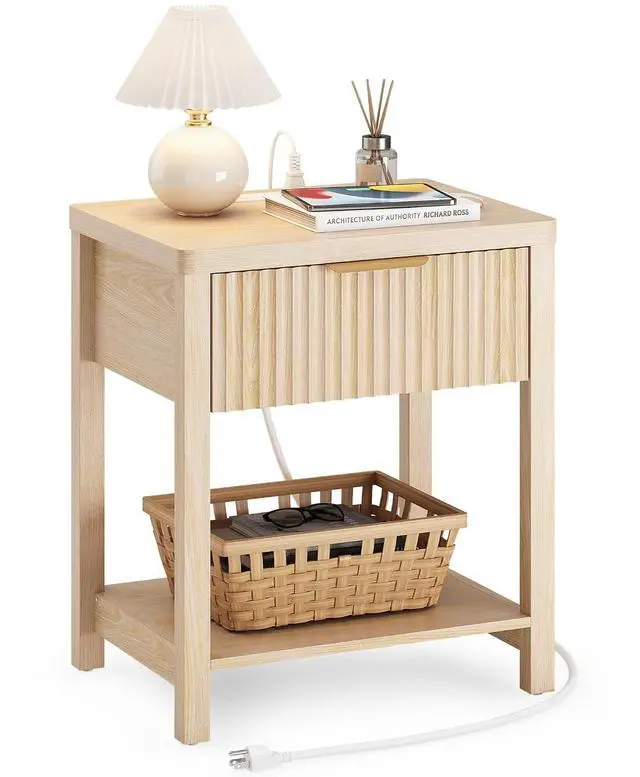 Main image of Fluted Night Stand with Drawers, Fluted Nightstand with Charging Station, Wood Modern Bedside End Table with Storage Drawer for Bedroom, Save Space (Set of 1, Natural Oak)