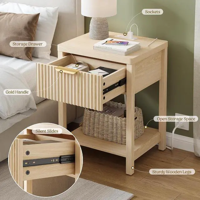 Alt view image 6 of 7 - Fluted Night Stand with Drawers, Fluted Nightstand with Charging Station, Wood Modern Bedside End Table with Storage Drawer for Bedroom, Save Space (Set of 1, Natural Oak)
