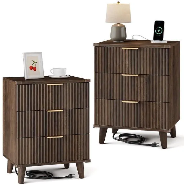Main image of Wood Nightstand Set of 2 W/Charging Station, 3 Drawers Fluted Design | metal slide rail, modern style bedside table, storage save space, bedroom living room