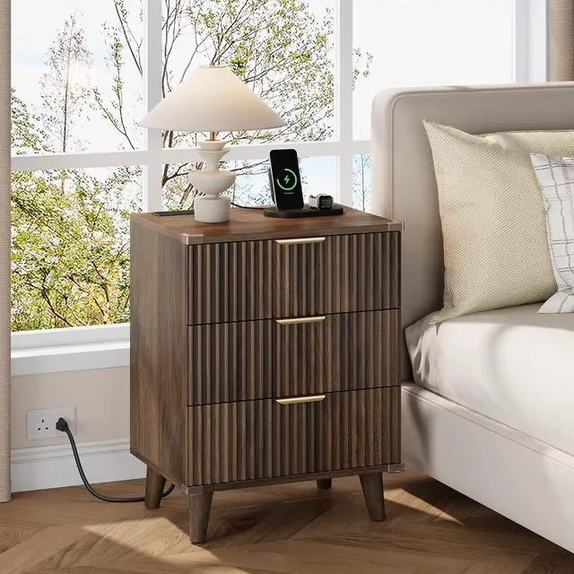 Alt view image 2 of 7 - Wood Nightstand Set of 2 W/Charging Station, 3 Drawers Fluted Design | metal slide rail, modern style bedside table, storage save space, bedroom living room