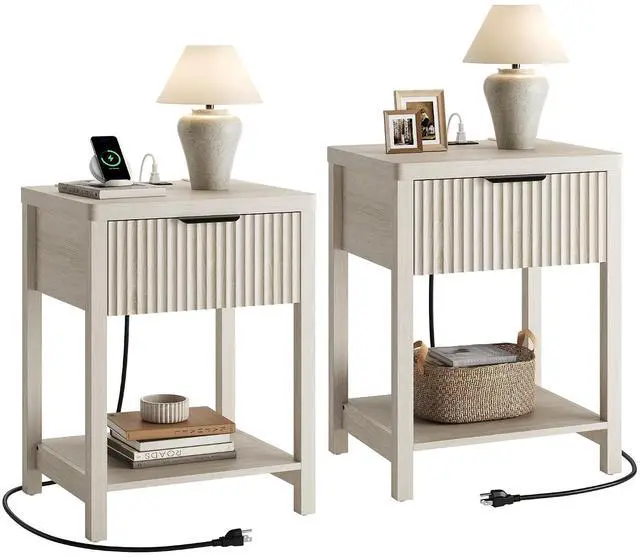 Main image of Wooden White Night Stand, Fluted Nightstand with Charging Station | storage drawer, metal slide rail, modern style bedside table, round corners, open shelf, save space, living room furniture