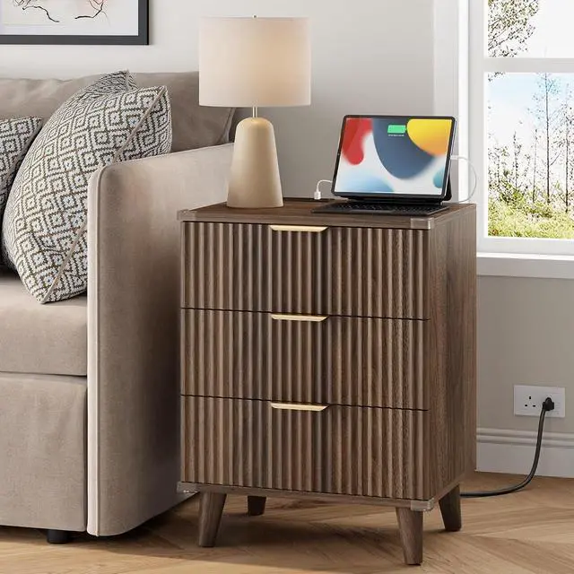 Alt view image 4 of 7 - Wood Nightstand Set of 2 W/Charging Station, 3 Drawers Fluted Design | metal slide rail, modern style bedside table, storage save space, bedroom living room