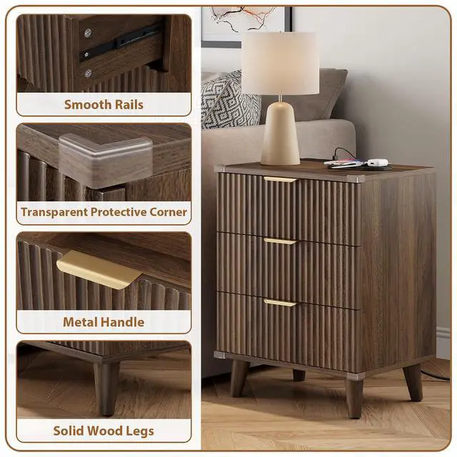 Alt view image 7 of 7 - Wood Nightstand Set of 2 W/Charging Station, 3 Drawers Fluted Design | metal slide rail, modern style bedside table, storage save space, bedroom living room