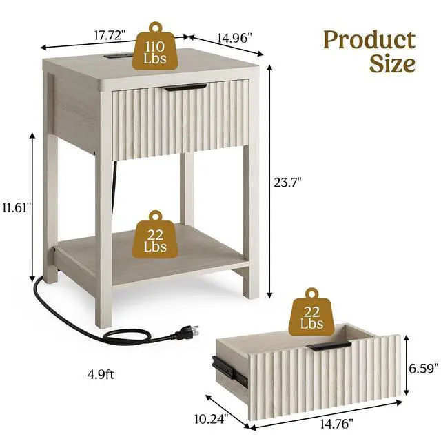 Alt view image 3 of 7 - Wooden White Night Stand, Fluted Nightstand with Charging Station | storage drawer, metal slide rail, modern style bedside table, round corners, open shelf, save space, living room furniture