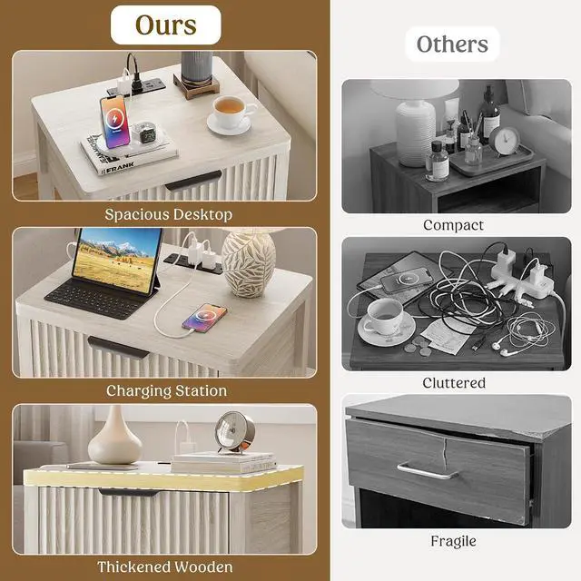 Alt view image 4 of 7 - Wooden White Night Stand, Fluted Nightstand with Charging Station | storage drawer, metal slide rail, modern style bedside table, round corners, open shelf, save space, living room furniture