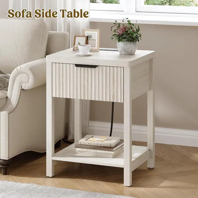 Alt view image 2 of 7 - Wooden White Night Stand, Fluted Nightstand with Charging Station | storage drawer, metal slide rail, modern style bedside table, round corners, open shelf, save space, living room furniture