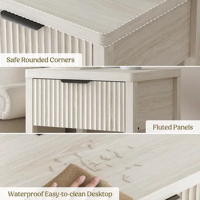 Alt view image 6 of 7 - Wooden White Night Stand, Fluted Nightstand with Charging Station | storage drawer, metal slide rail, modern style bedside table, round corners, open shelf, save space, living room furniture