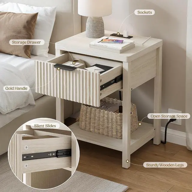 Alt view image 5 of 7 - Wooden White Night Stand, Fluted Nightstand with Charging Station | storage drawer, metal slide rail, modern style bedside table, round corners, open shelf, save space, living room furniture
