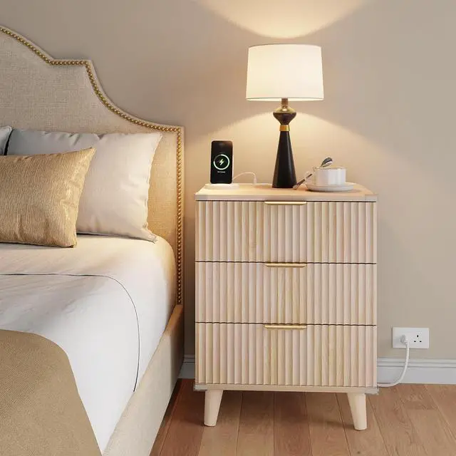 Alt view image 2 of 6 - Wood Nightstand Set of 2 with Charging Station, 3 Drawers Fluted Design, Modern End Table for Bedroom Natural Oak