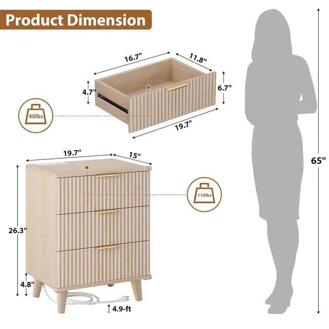 Alt view image 3 of 6 - Wood Nightstand Set of 2 with Charging Station, 3 Drawers Fluted Design, Modern End Table for Bedroom Natural Oak