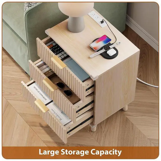 Alt view image 4 of 6 - Wood Nightstand Set of 2 with Charging Station, 3 Drawers Fluted Design, Modern End Table for Bedroom Natural Oak