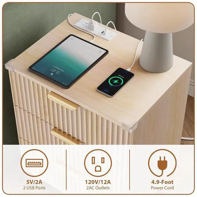 Alt view image 5 of 6 - Wood Nightstand Set of 2 with Charging Station, 3 Drawers Fluted Design, Modern End Table for Bedroom Natural Oak
