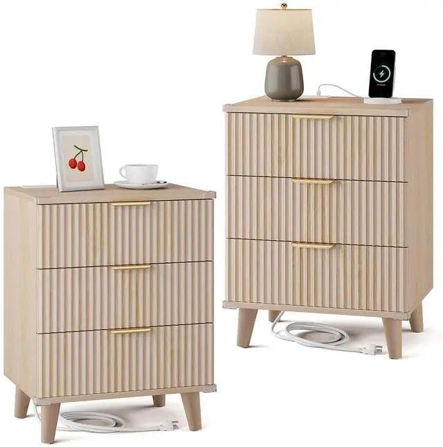 Main image of Wood Nightstand Set of 2 with Charging Station, 3 Drawers Fluted Design, Modern End Table for Bedroom Natural Oak